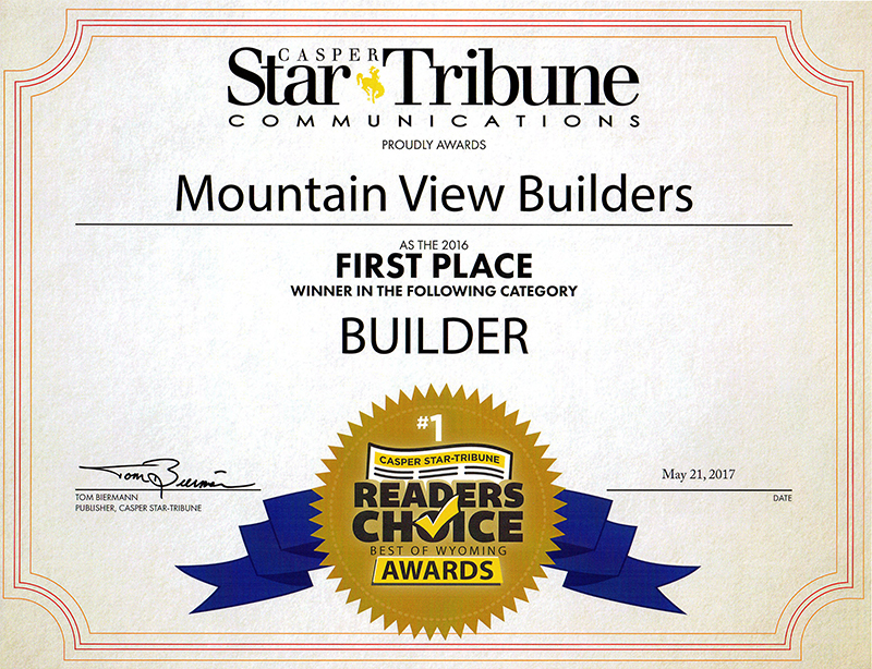 Mountain View Builders was awarded the 2015 Readers Choice Award by the Casper Star Tribune